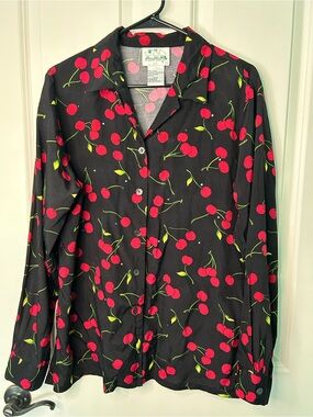 Vintage 80s cherry print top with rhinestones button up blouse